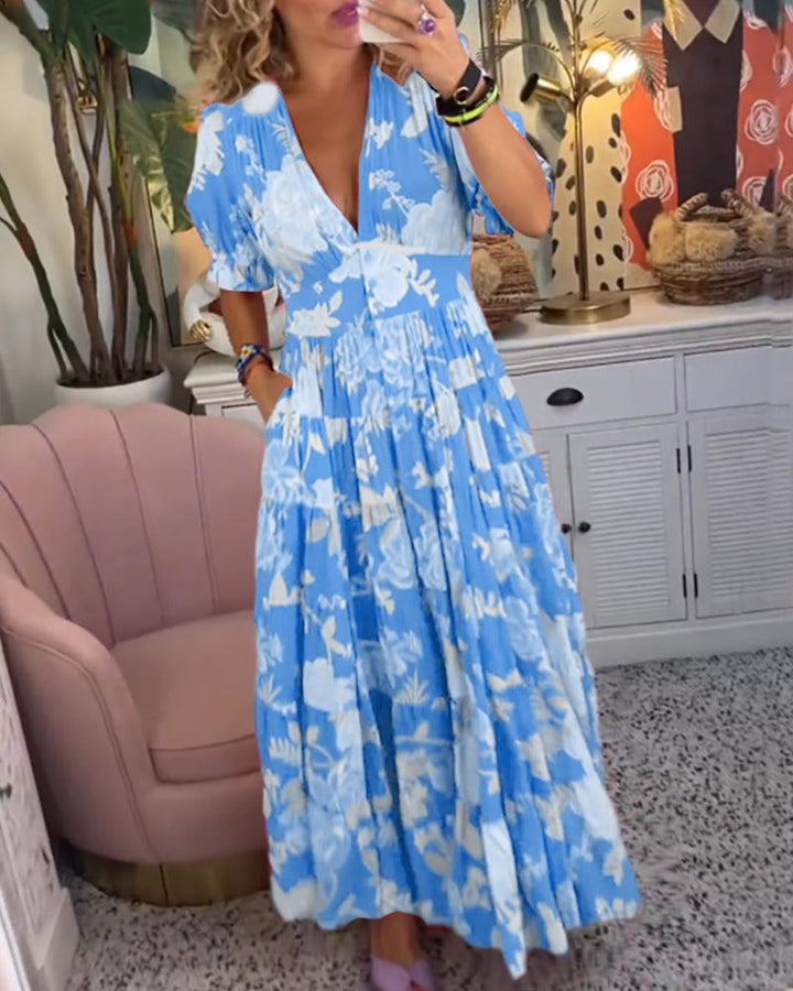 Isabeau | Dame Blomsterprint Kjole Med V-Hals