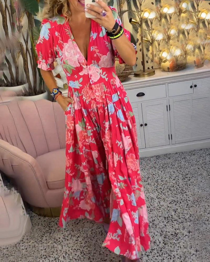 Isabeau | Dame Blomsterprint Kjole Med V-Hals
