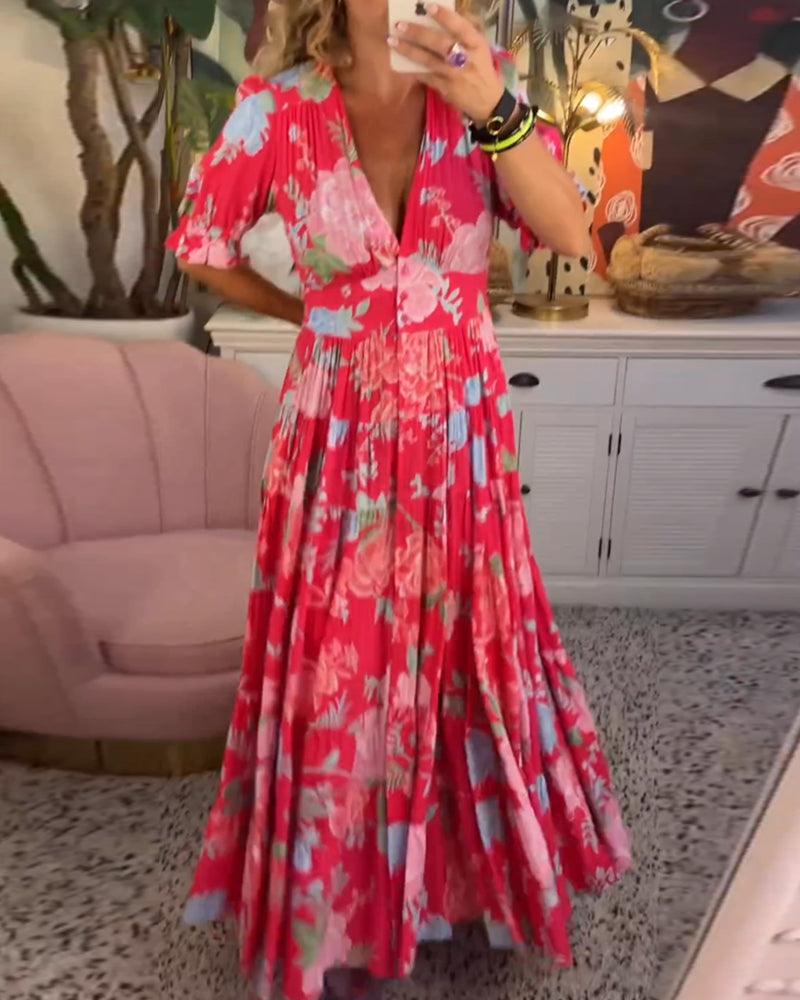 Isabeau | Dame Blomsterprint Kjole Med V-Hals