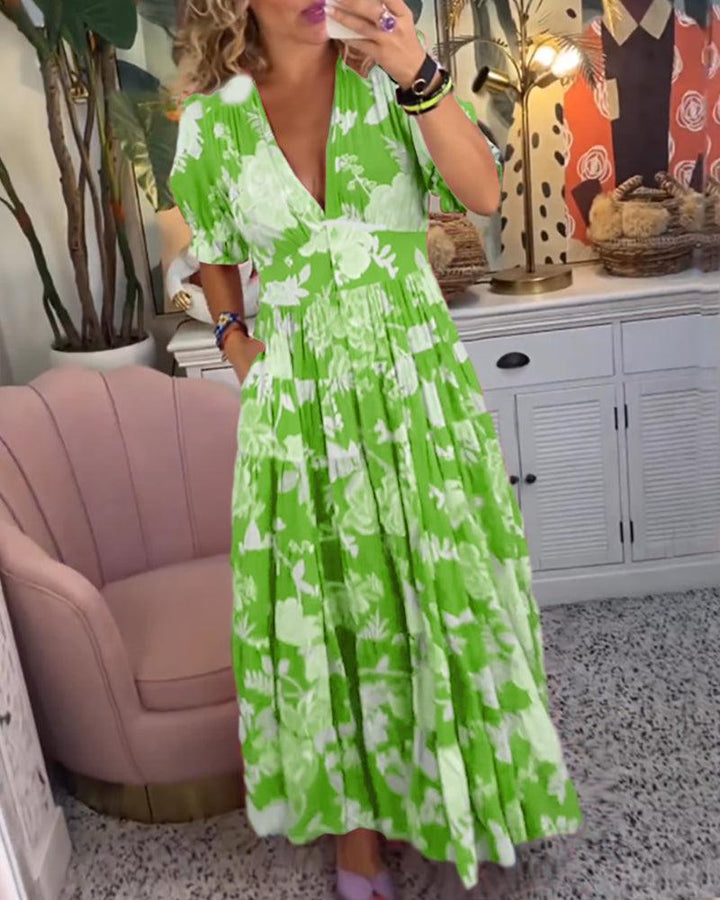 Isabeau | Dame Blomsterprint Kjole Med V-Hals
