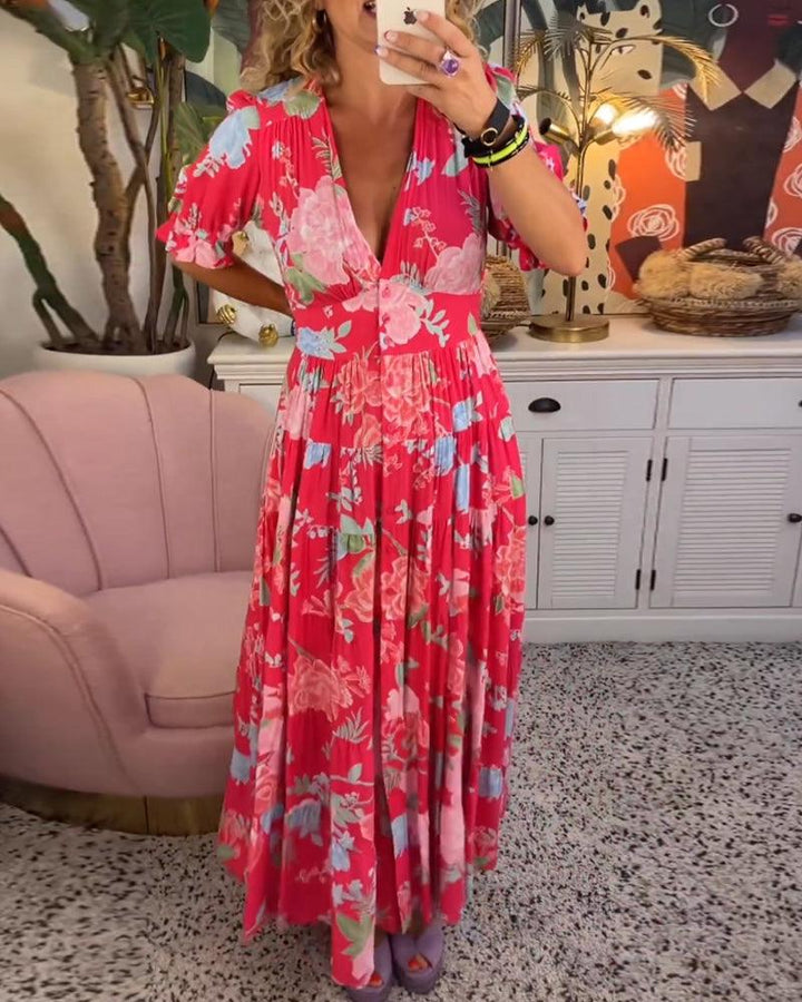 Isabeau | Dame Blomsterprint Kjole Med V-Hals