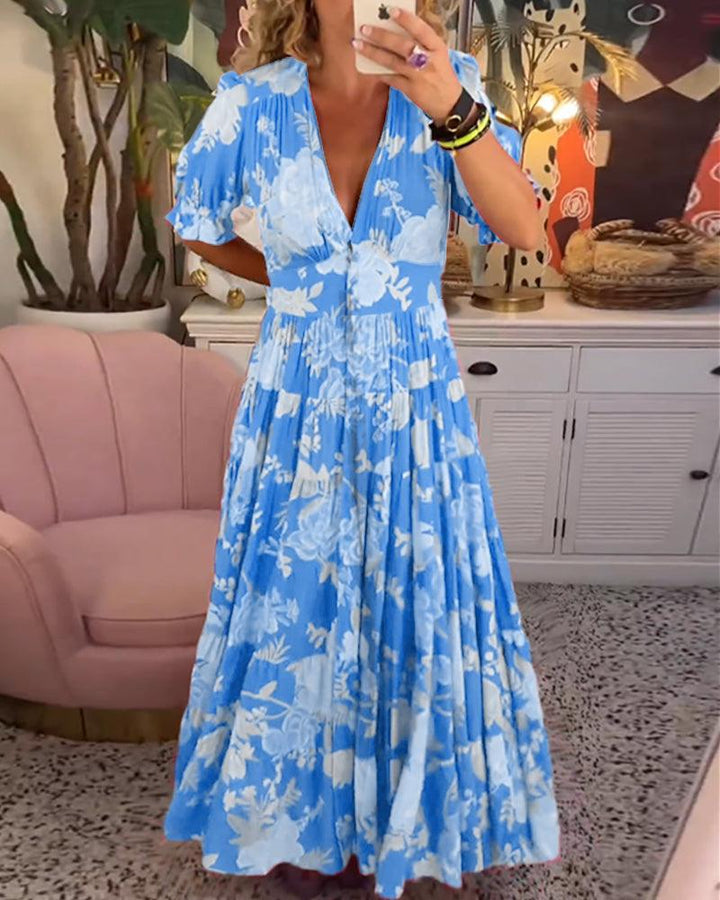 Isabeau | Dame Blomsterprint Kjole Med V-Hals
