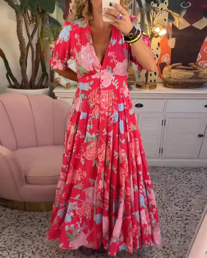 Isabeau | Dame Blomsterprint Kjole Med V-Hals