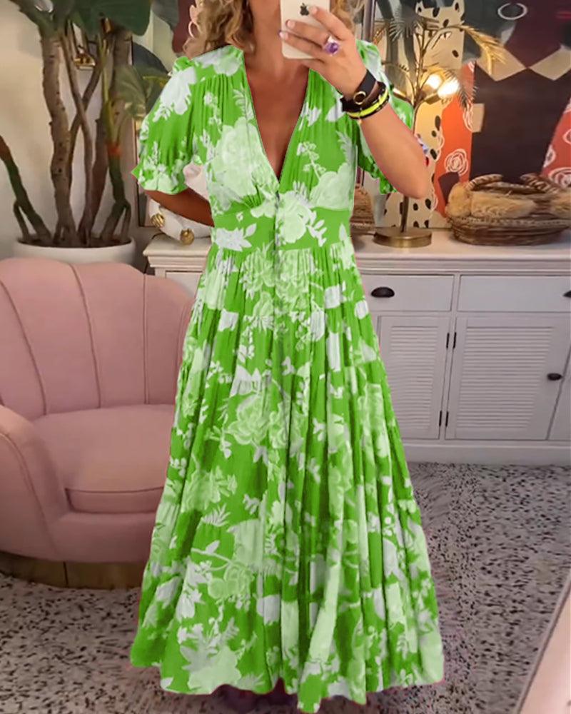 Isabeau | Dame Blomsterprint Kjole Med V-Hals