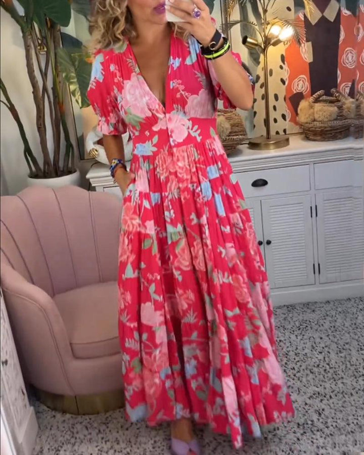 Isabeau | Dame Blomsterprint Kjole Med V-Hals