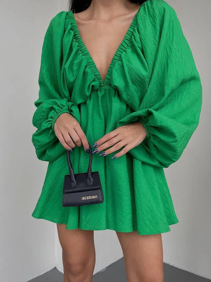 Vaenya | Boho Minikjole med Lange ærmer og V-Hals