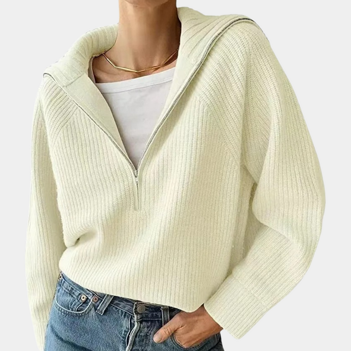 Dame Ribbet Bomulds Sweater med Halv-Lynlås | Afslappet Pasform