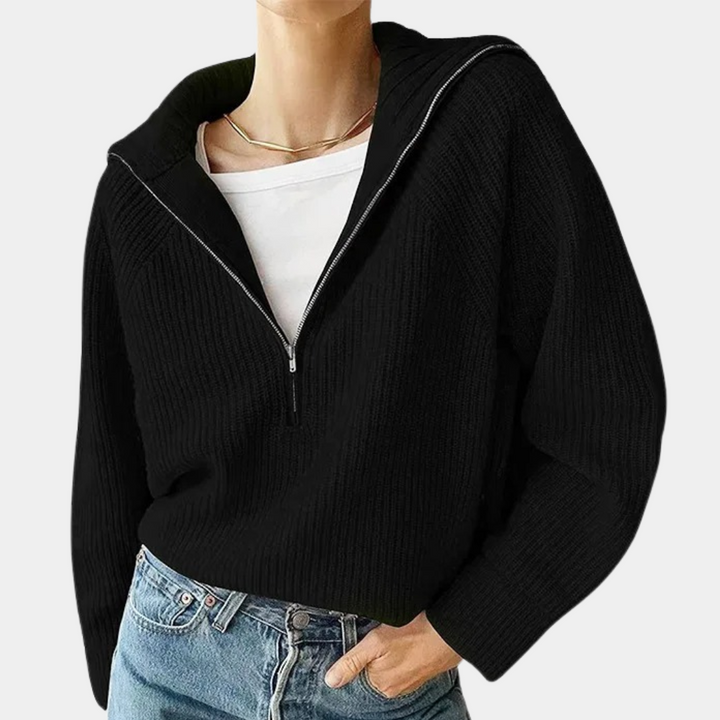 Dame Ribbet Bomulds Sweater med Halv-Lynlås | Afslappet Pasform