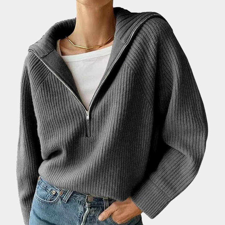 Dame Ribbet Bomulds Sweater med Halv-Lynlås | Afslappet Pasform