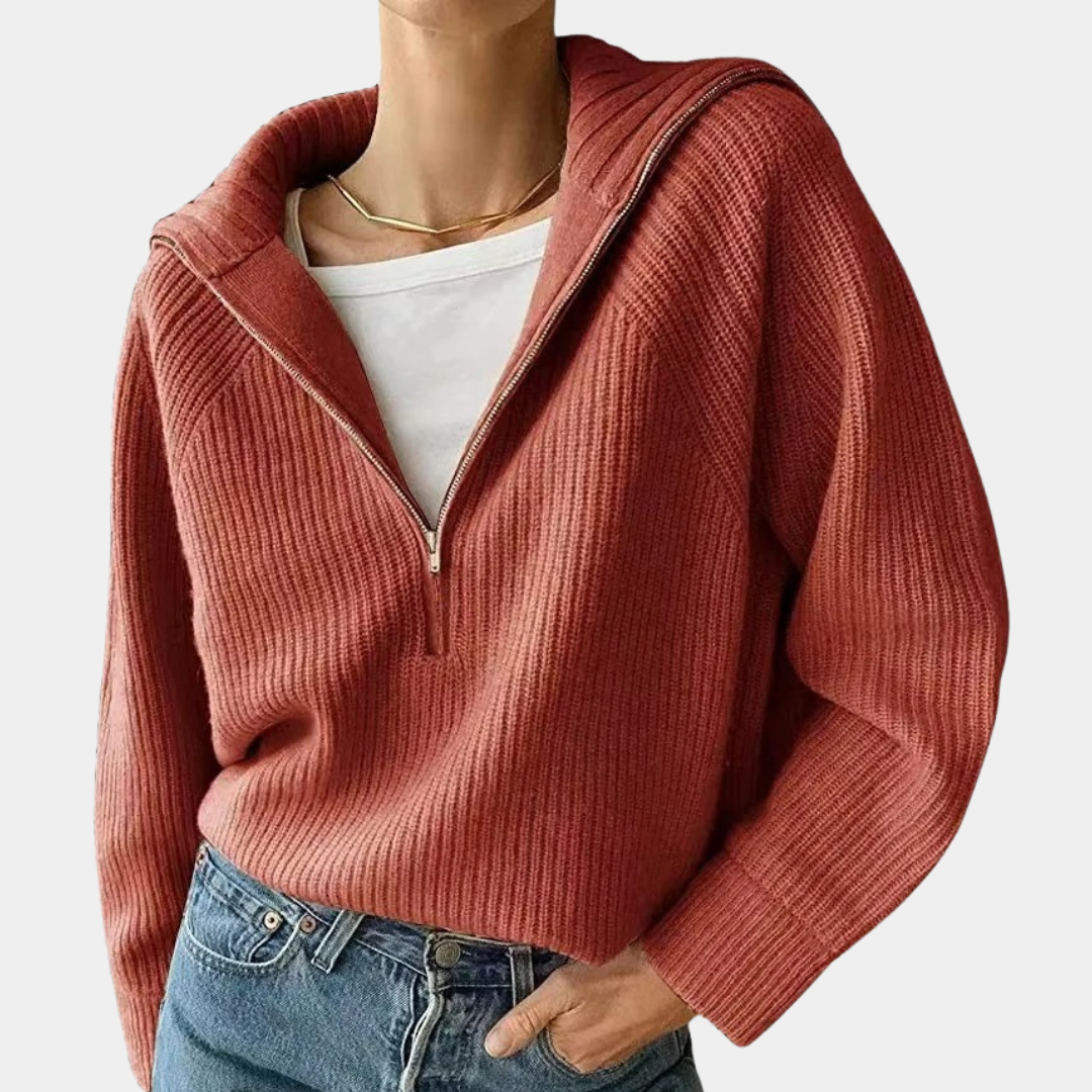 Dame Ribbet Bomulds Sweater med Halv-Lynlås | Afslappet Pasform