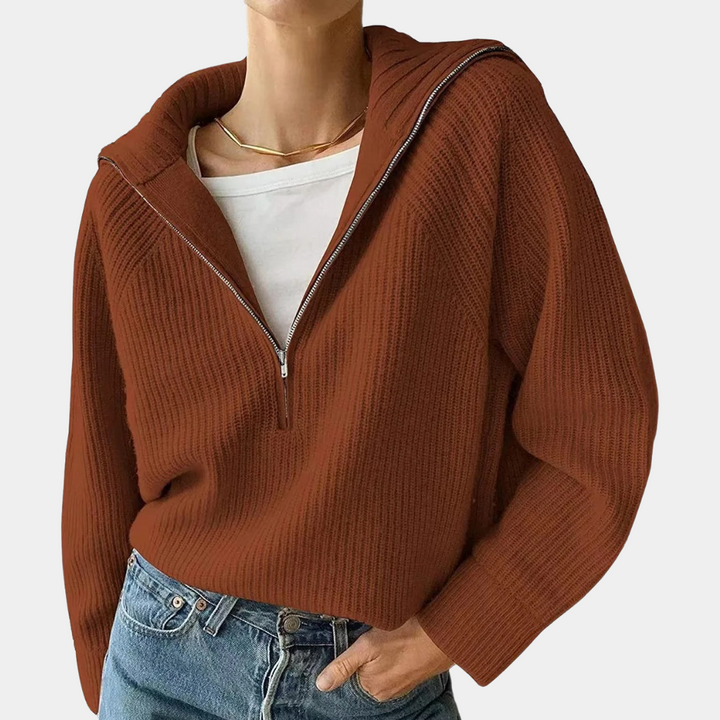 Dame Ribbet Bomulds Sweater med Halv-Lynlås | Afslappet Pasform