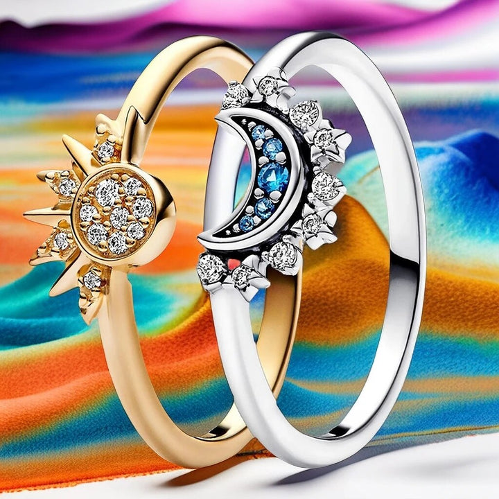 Amara | Funklende Måne og Sol Sølv Krystal Ring