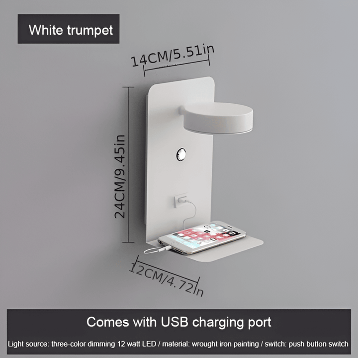 Aluminium Sengelampe med Hylde og USB-Opladningsport