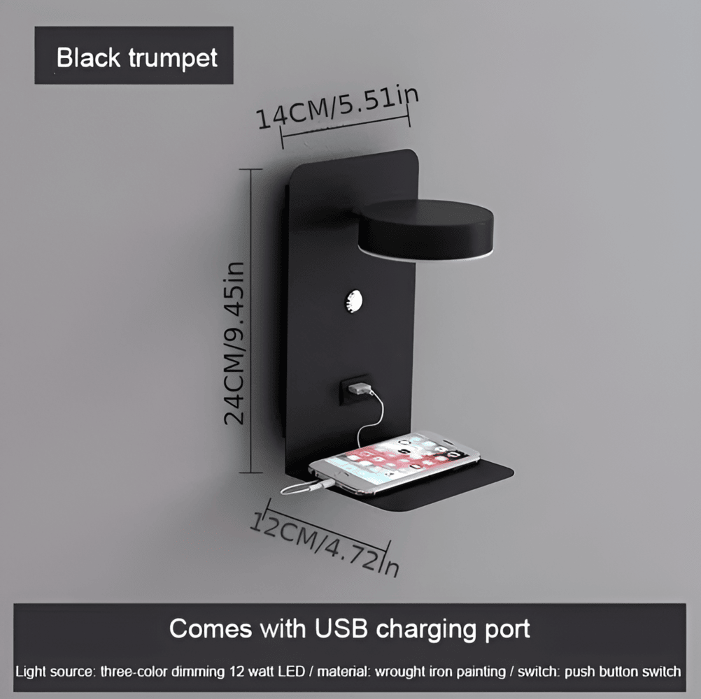 Aluminium Sengelampe med Hylde og USB-Opladningsport