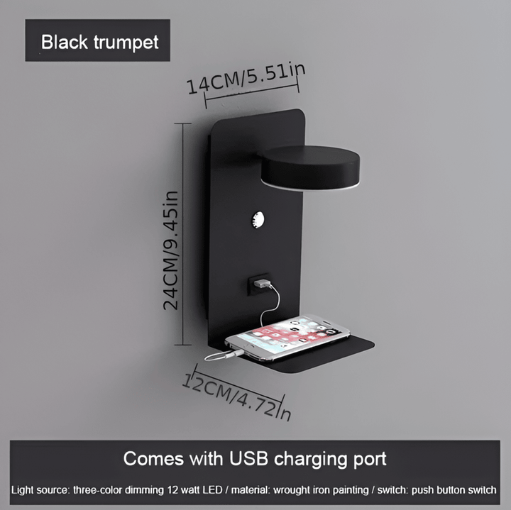 Aluminium Sengelampe med Hylde og USB-Opladningsport