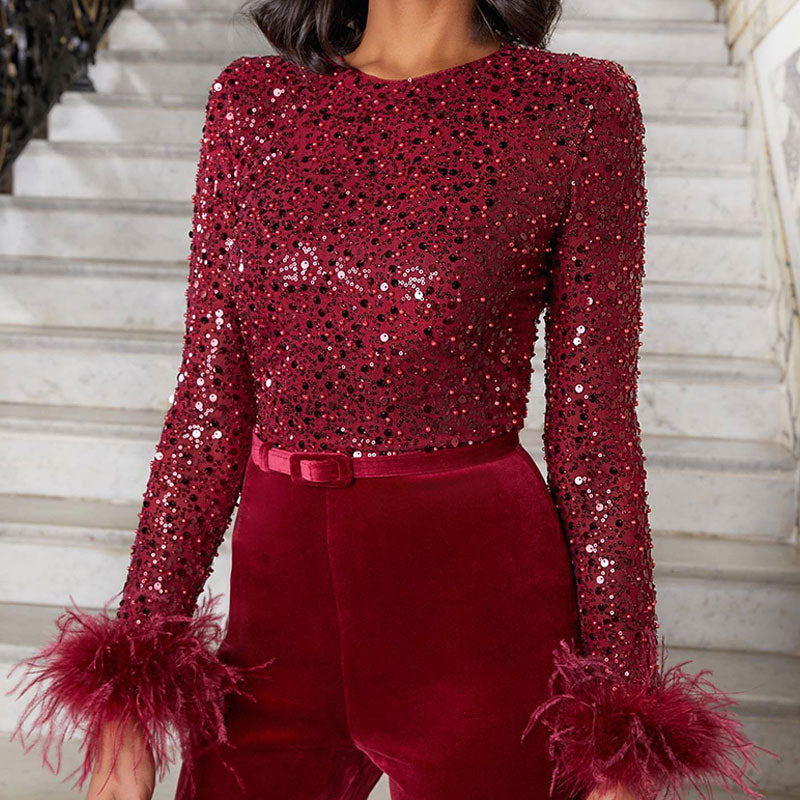 Calista | Elegante Paillet Overall med Fjer Ærmer