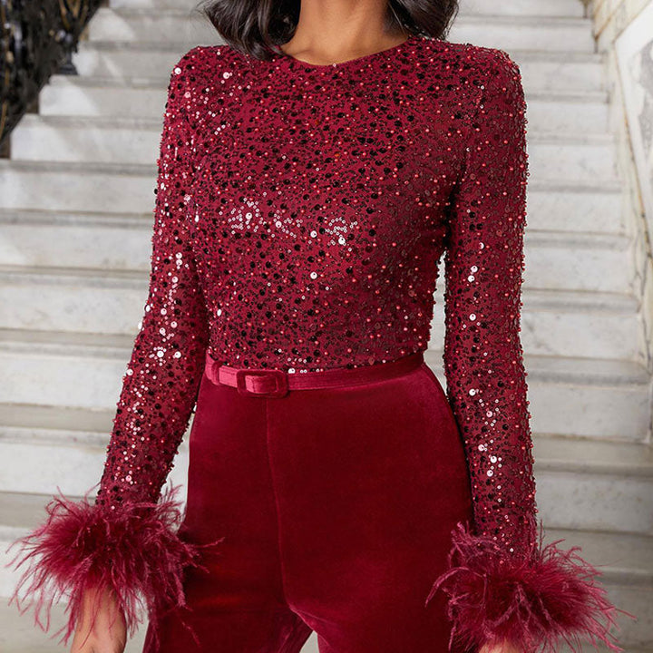 Calista | Elegante Paillet Overall med Fjer Ærmer