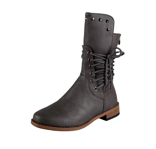 Dame Læder Cowboy-Ankelstøvler med Snøre og Dekorative Nitter