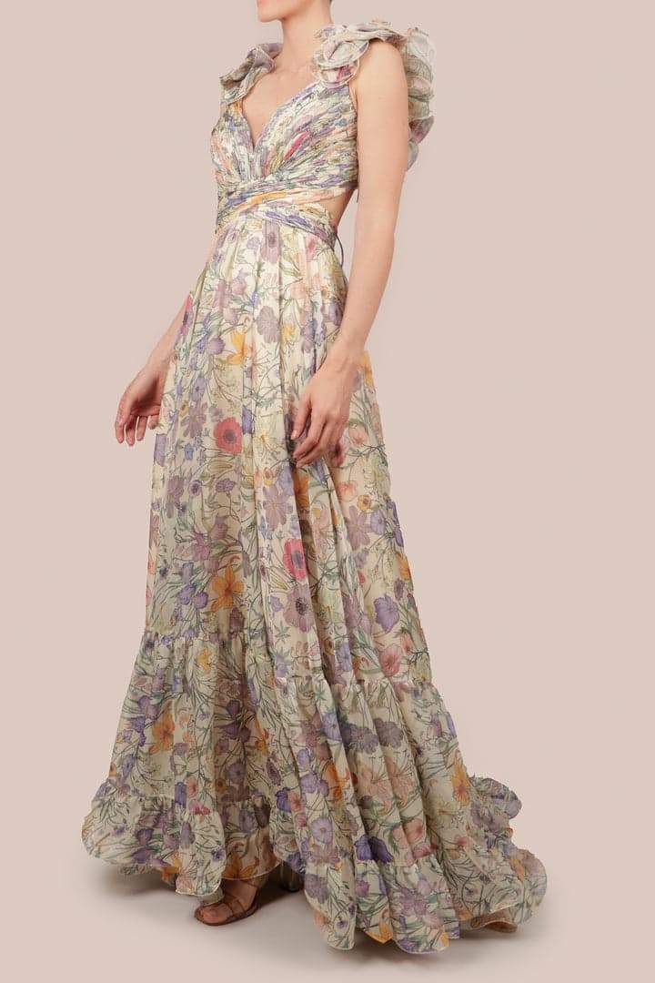 Vivienne | V-Hals Chiffon Maxi Kjole med Blomsterprint