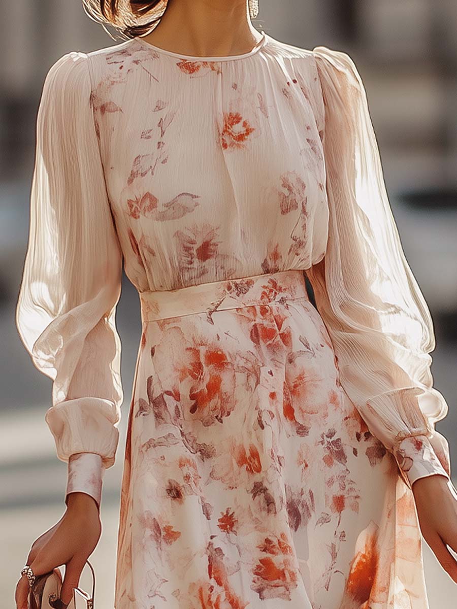 Nadezda | Blomstret Plisseret Langærmet Kjole Til Kvinder