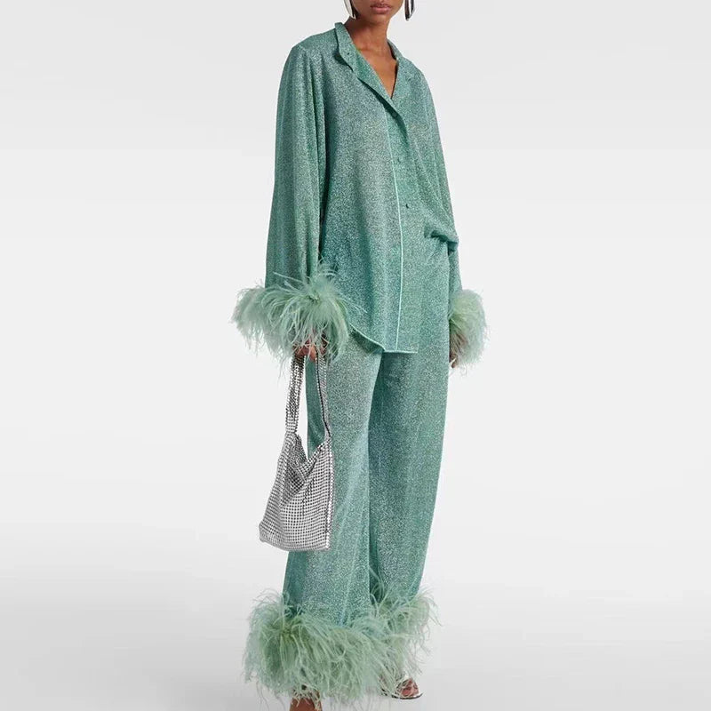 Dame Luksus Glimmer-Sæt | Bluse og Vide-Ben Bukser Med Fjerbesætning