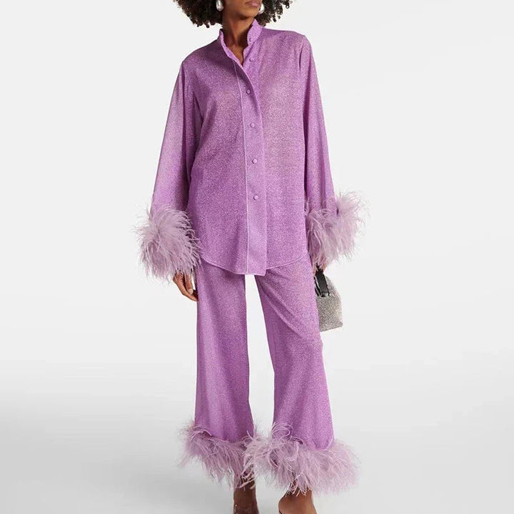 Dame Luksus Glimmer-Sæt | Bluse og Vide-Ben Bukser Med Fjerbesætning