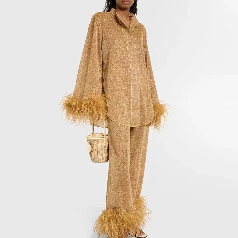 Dame Luksus Glimmer-Sæt | Bluse og Vide-Ben Bukser Med Fjerbesætning