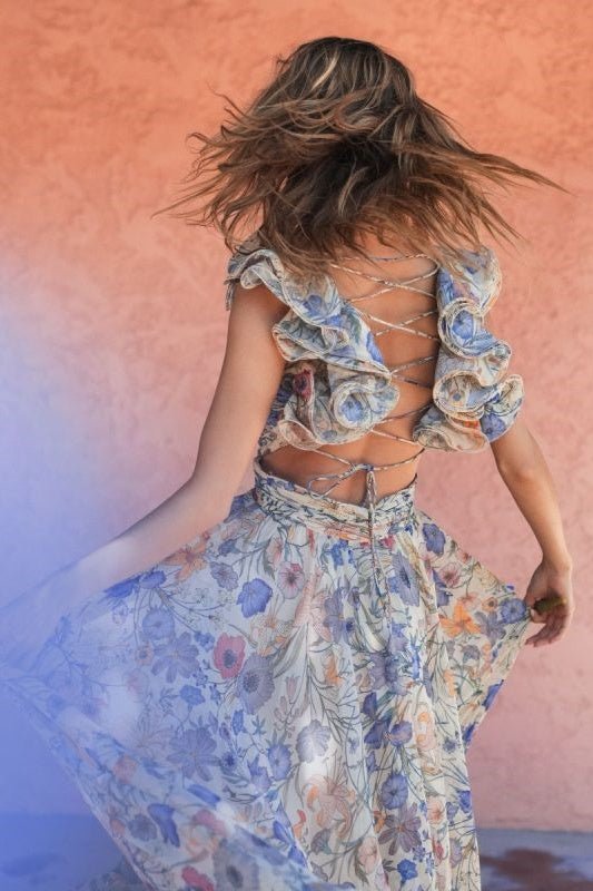 Vivienne | V-Hals Chiffon Maxi Kjole med Blomsterprint