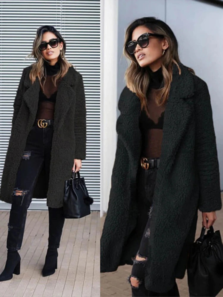 Dame Lang Bamse Frakke | Trendy Varm Fleece Overfrakke