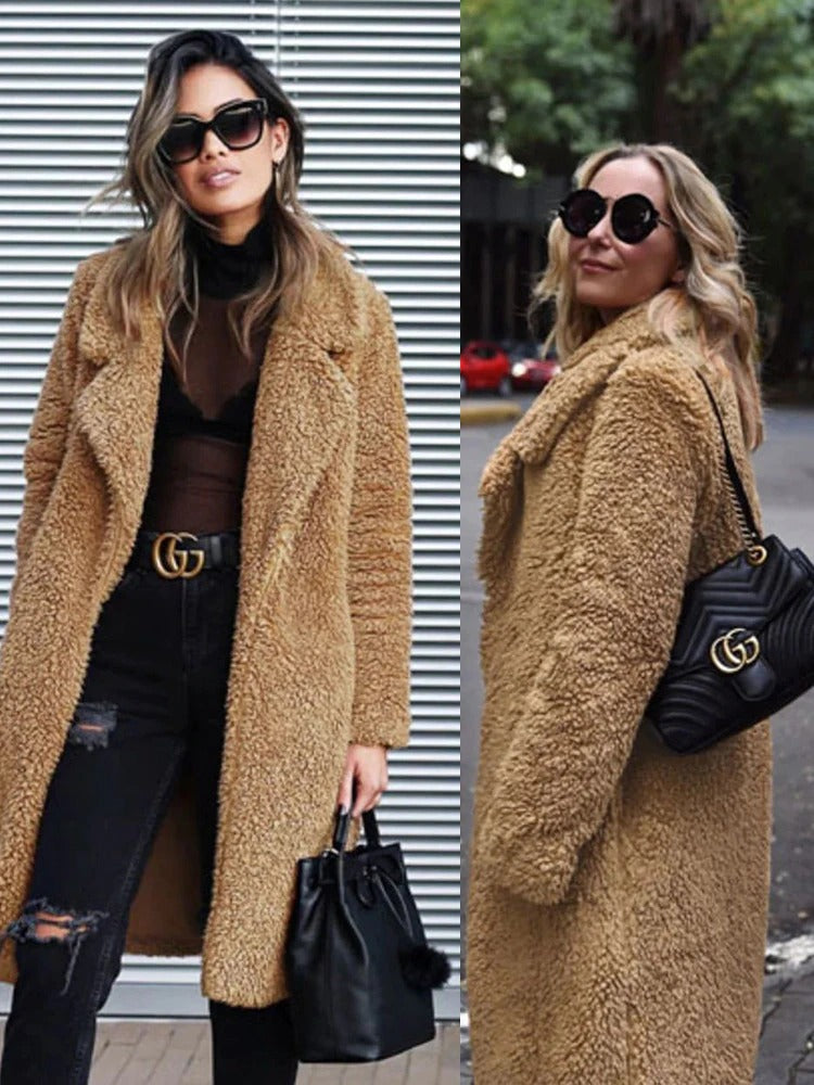 Dame Lang Bamse Frakke | Trendy Varm Fleece Overfrakke