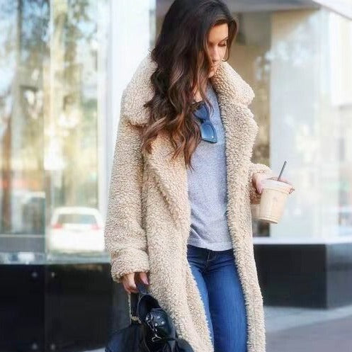 Dame Lang Bamse Frakke | Trendy Varm Fleece Overfrakke