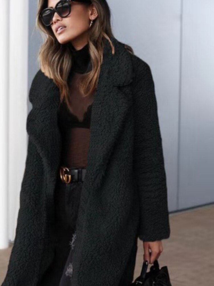 Dame Lang Bamse Frakke | Trendy Varm Fleece Overfrakke