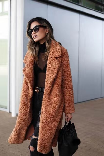 Dame Lang Bamse Frakke | Trendy Varm Fleece Overfrakke