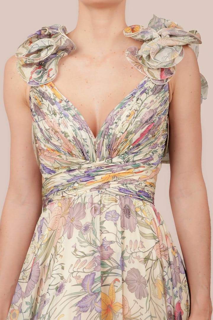 Vivienne | V-Hals Chiffon Maxi Kjole med Blomsterprint