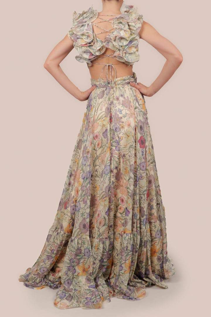 Vivienne | V-Hals Chiffon Maxi Kjole med Blomsterprint